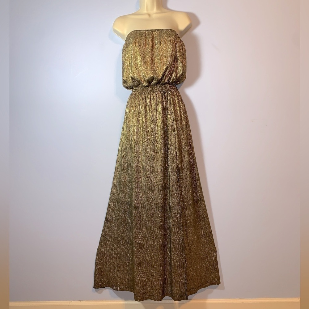 Gianni Bini XS Elegant Gold black crinkle Strapless Maxi Dress side slit